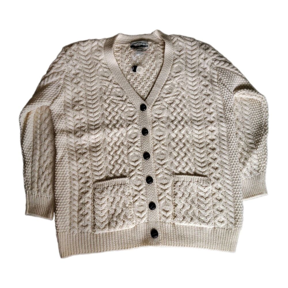 Aran Crafts Ireland Men's XL Merino Wool Cable Knit Tan Cardigan Sweater NWT